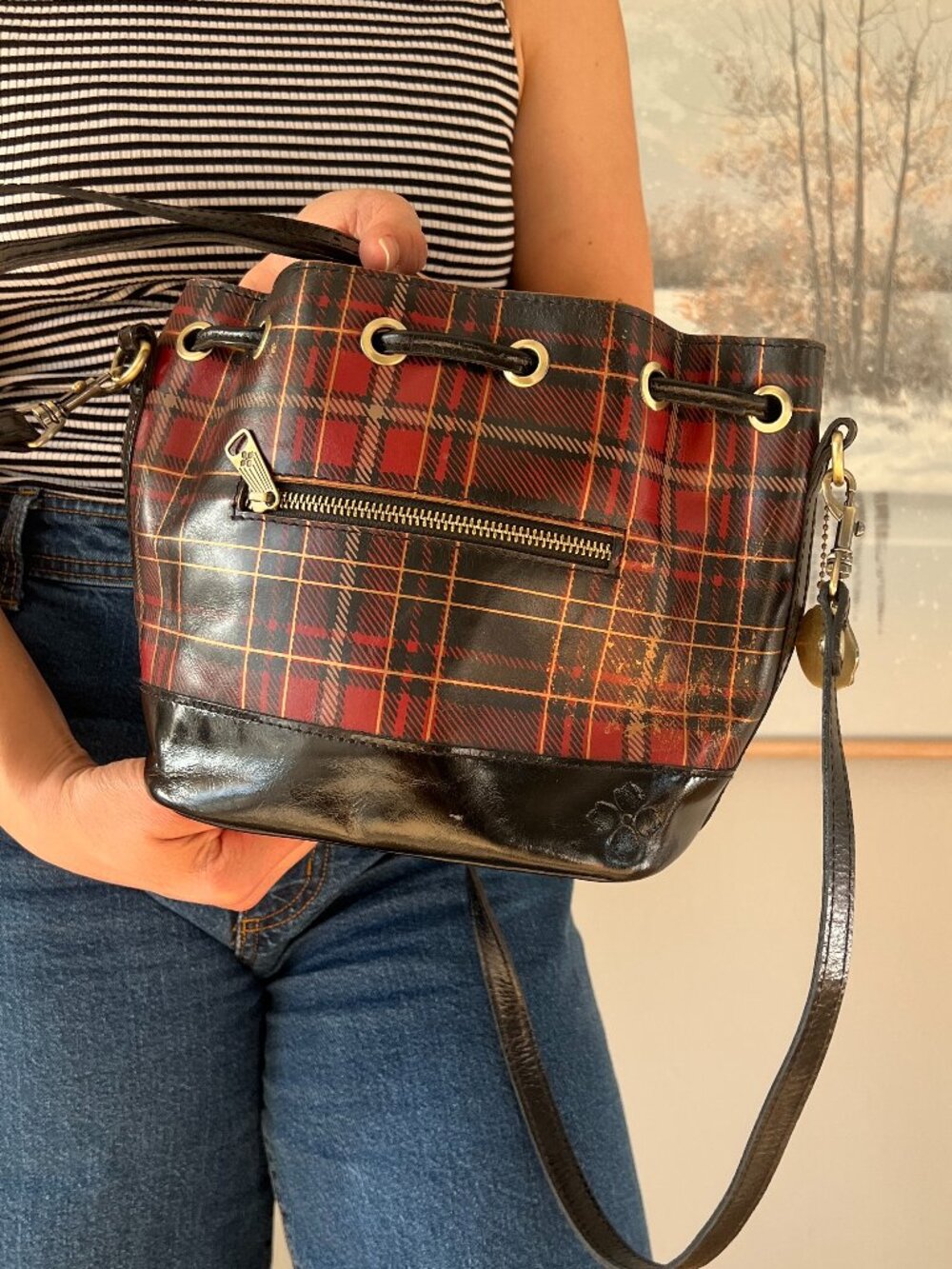 Patricia‎ Nash Red Black Tartan Plaid Civetta Bucket Crossbody Shoulder Bag - Picture 7 of 13